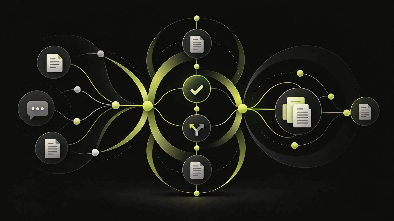 Documents and conversations linked through a flowing knowledge network on a dark background.